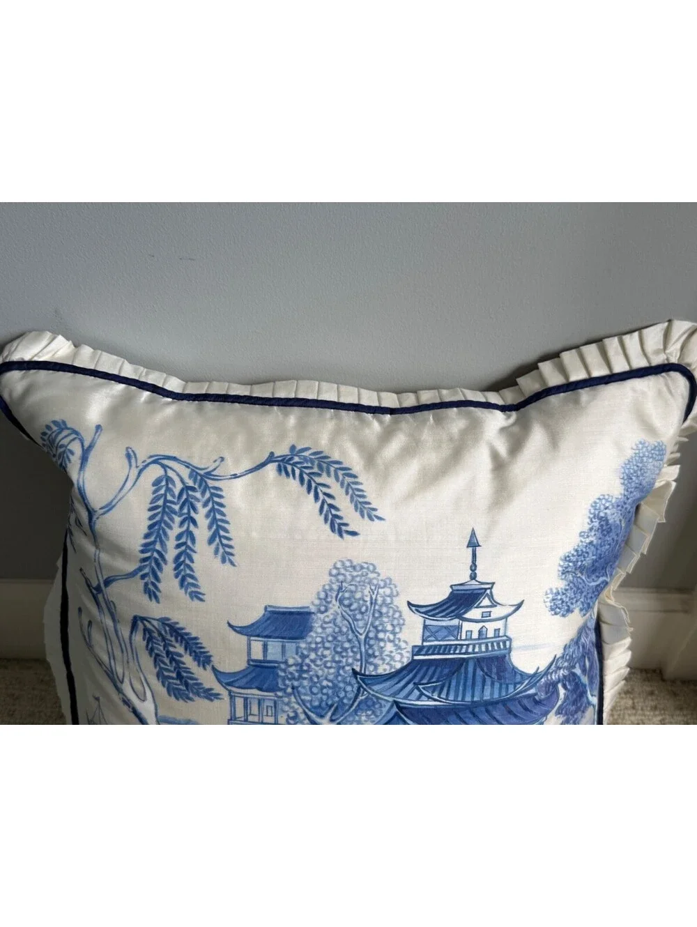 Mark David Designs Hand Painted Silk Pagoda Pillow Chinoiserie Blue White B